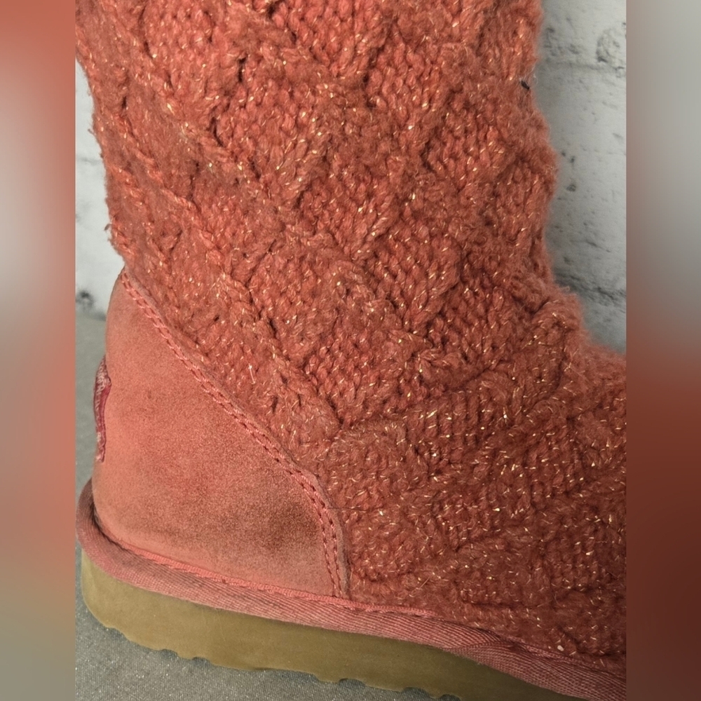 UGG Australia Classic Cardy Knit Button Boots Coral Orange Tall Size 8 - Picture 10 of 11